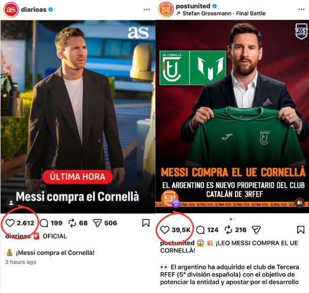La publicación de AS y Post United sobre la compra del Cormellà por parte de Leo Messi.
